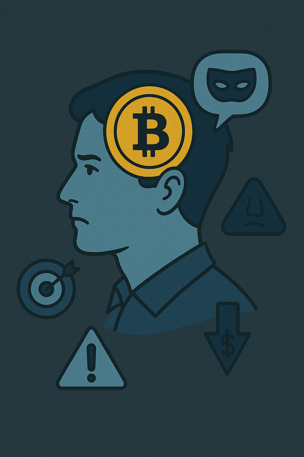 Bitcoin symbol with cautionary icons.