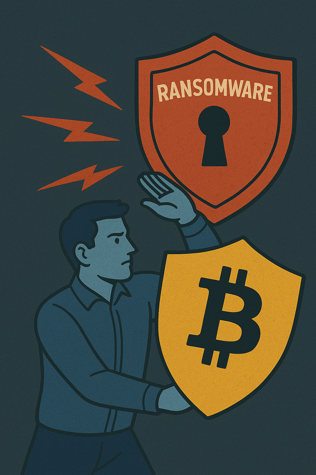 Man defending against ransomware attack.